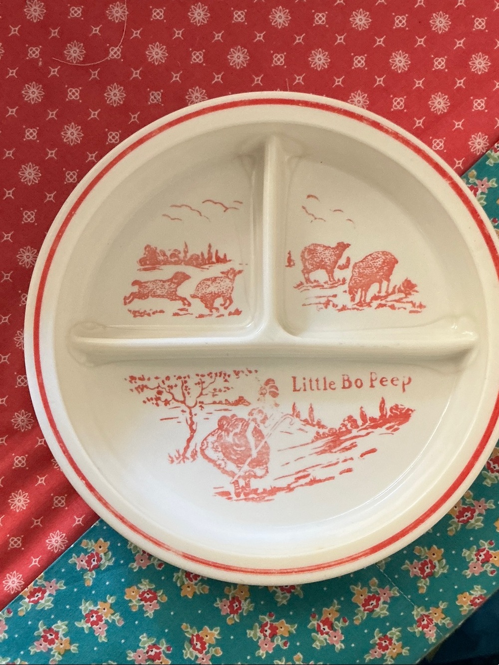 Fire King LITTLE BO PEEP divided dish white milk glass with red transferware